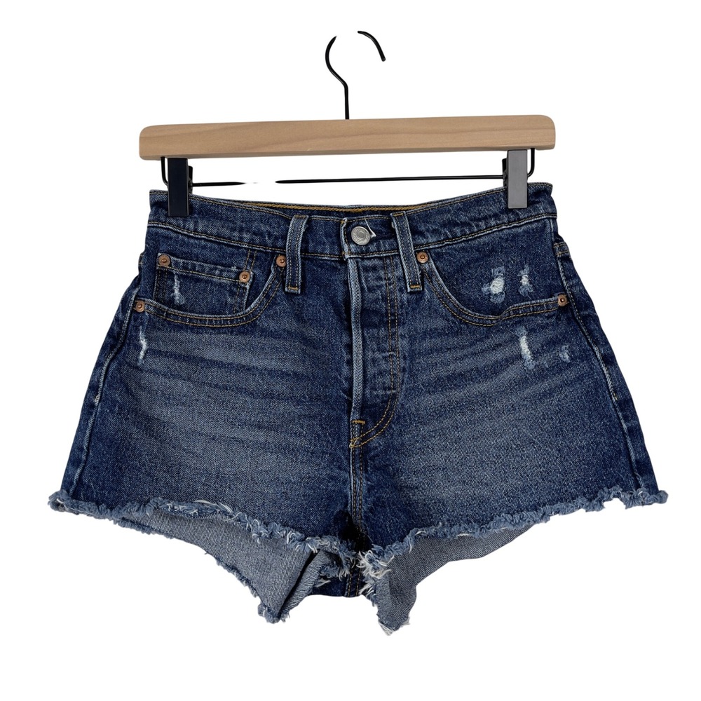 Levi's 501 Original Shorts High Rise Distressed 26 Blue Denim Button Fly Cut Off